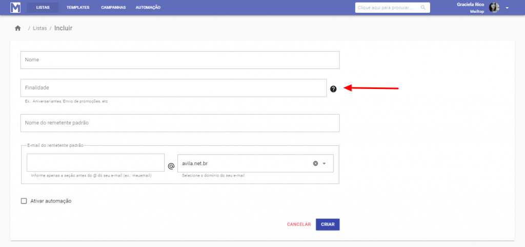 Campo Finalidade na criação de listas