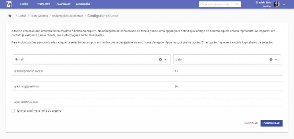 Configurações de colunas